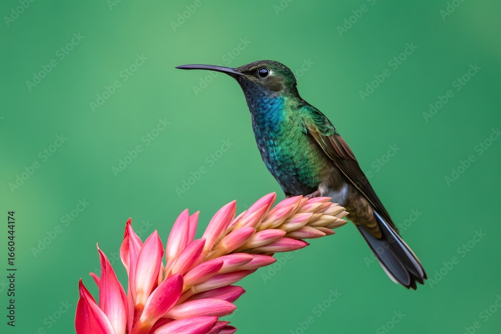 Fototapeta premium Hummingbird Perched on a Pink Flower Against a Green Background image photo