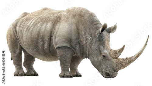 Large, gray rhino with prominent horns, isolated against a transparent background