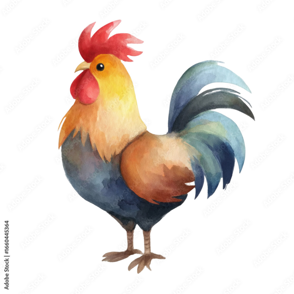 Fototapeta premium Watercolor rooster illustration with vibrant colors, perfect for design projects