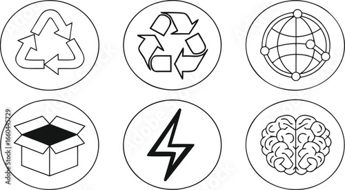 Vector art of set of six circular icons representing recycling, networking, packaging, energy, and intelligence