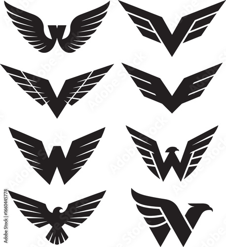 Collection of Winged Letter Logos in Black and White for Branding or Design Purposes