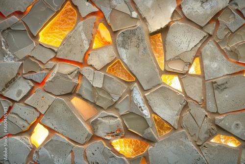 A textured wall of light-filled, irregularly shaped stones, showcasing a design of  broken pieces arranged in a mosaic pattern with warm interior lights.