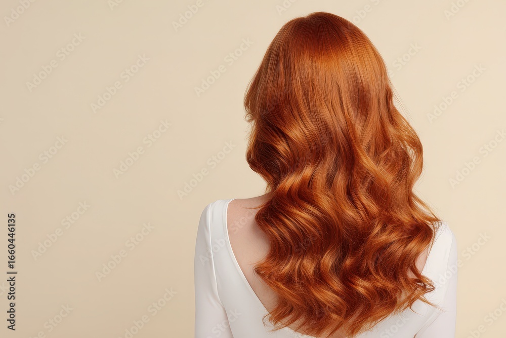 Fototapeta premium A woman's back view showcases voluminous, wavy, auburn hair against a soft beige backdrop.