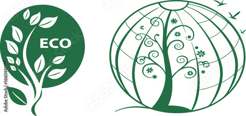 Vector art of green eco symbols depicting nature, environment, and sustainability with leaves, trees, and earth