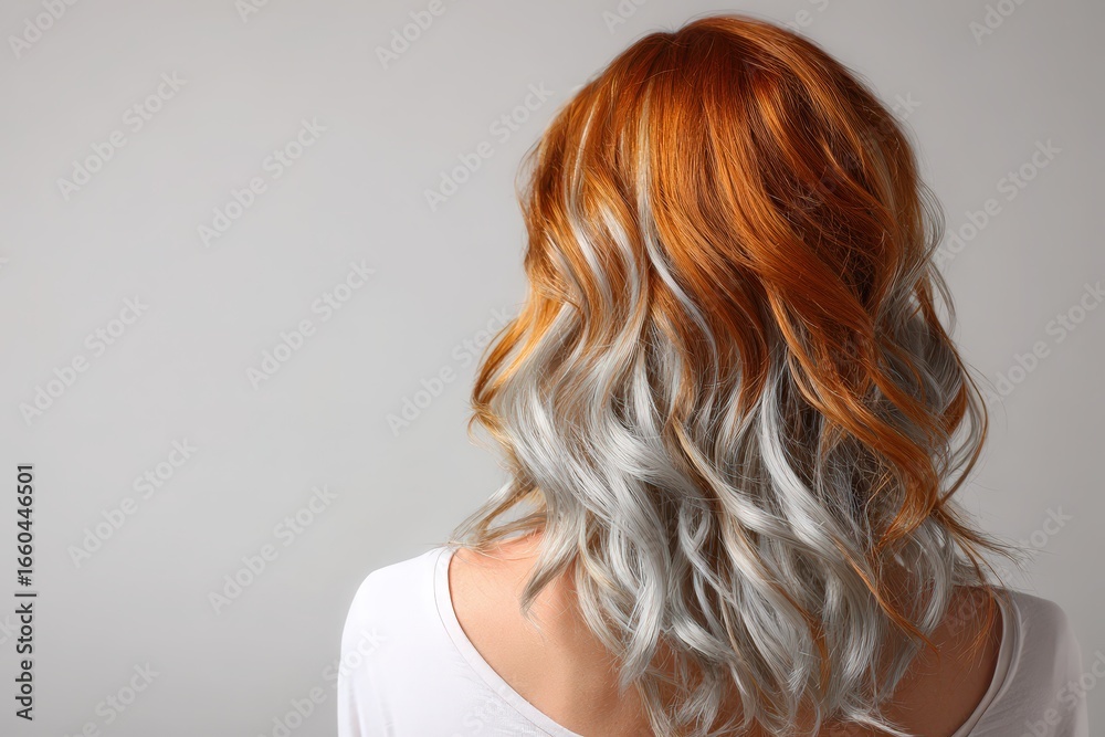 Fototapeta premium Vibrant auburn and silver highlights cascade down a woman's wavy hair against a neutral backdrop.