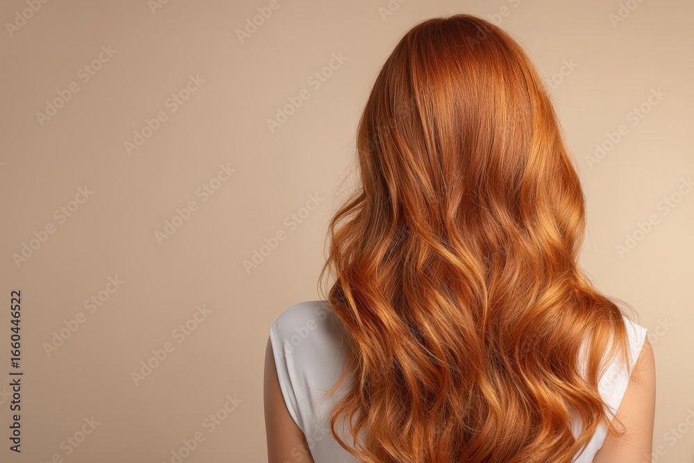 Fototapeta premium A back view showcases a person with voluminous, wavy auburn hair against a soft beige backdrop.