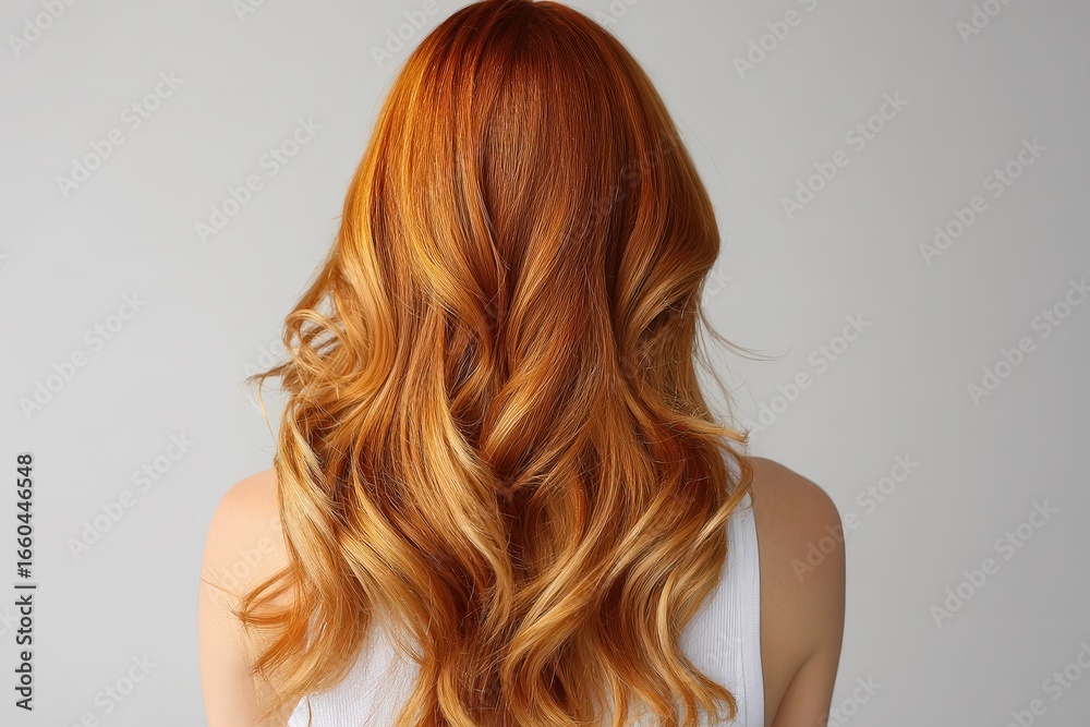 Obraz premium A back view showcases voluminous, wavy auburn hair with highlights against a neutral backdrop.