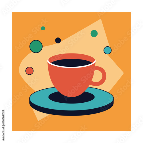 Red coffee cup with saucer and abstract shapes Keywords: coffee, cup, mug, drink, beverage, hot