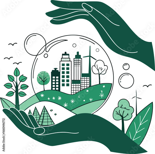 Vector art of hands holding a globe with a sustainable city, wind turbines, and green spaces for a better future