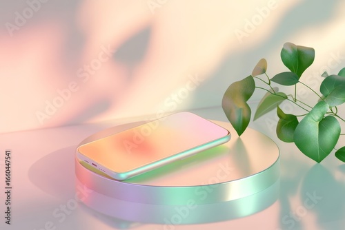 A stylish smartphone rests on a pastel-colored circular pedestal, surrounded by soft sunlight and verdant foliage, creating a serene and aesthetically pleasing scene.