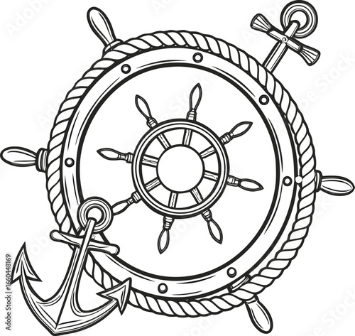 Vector art of detailed drawing of a ships wheel intertwined with rope and anchors