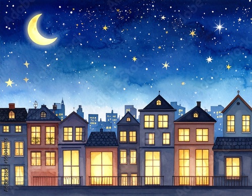 Night city houses with starry sky