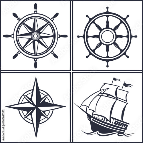 Vector art of nautical themed design featuring a compass, ship wheel, with sailing vessel