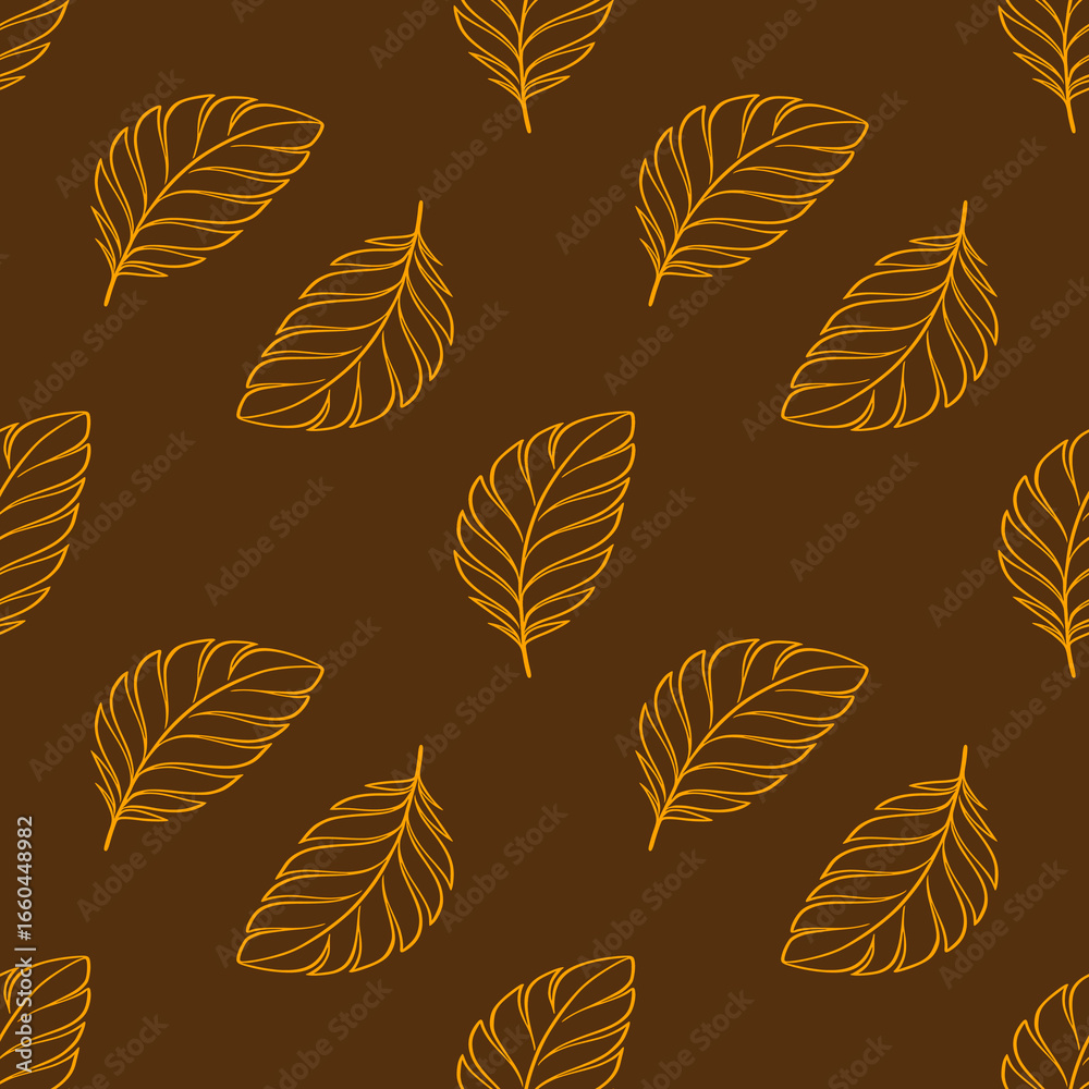 Fototapeta premium Seamless vector pattern with stylized orange leaves on a dark brown background, creating a sophisticated and minimalist autumnal design ideal for various applications.