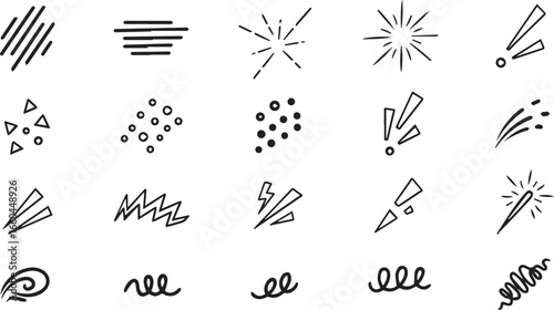 Minimalist black and white design accent icons – 20 hand-drawn motion and emphasis doodles for comics, illustration, and graphic flair.