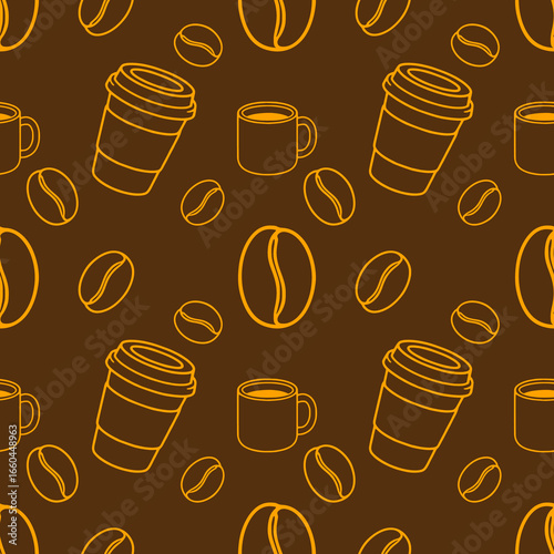 Seamless vector pattern featuring a playful arrangement of coffee cups and beans in a warm brown and orange color scheme, ideal for cafe branding or coffeethemed designs.