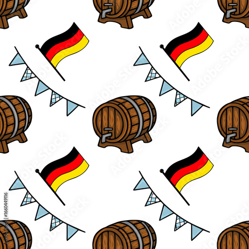 Seamless vector pattern featuring handdrawn illustrations of German beer barrels, flags, and festive bunting, creating a cheerful Oktoberfest design.