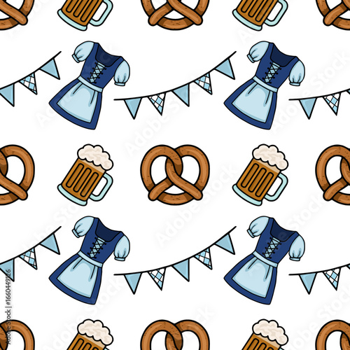 Seamless vector pattern featuring Oktoberfest elements beer mugs, pretzels, dirndl dresses, and festive bunting, creating a cheerful and vibrant design perfect for celebratory backgrounds.
