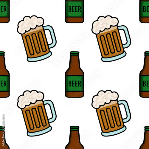 Seamless vector pattern featuring a playful illustration of beer mugs and bottles, perfect for Oktoberfest or brewerythemed designs, with a bold outline style and cheerful color palette.