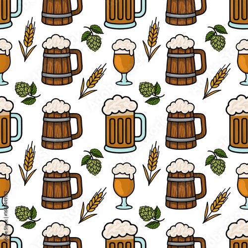 Seamless vector pattern featuring whimsical illustrations of beer mugs, wheat stalks, and hops, ideal for Oktoberfestthemed designs or brewery branding.