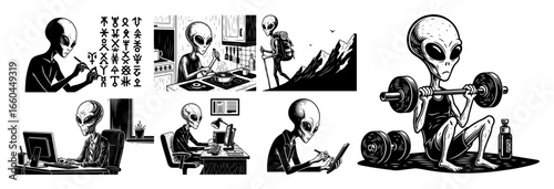 Alien Daily Life Icon Set Vector