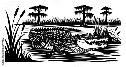 Nile Crocodile Swamp Scene Engraving