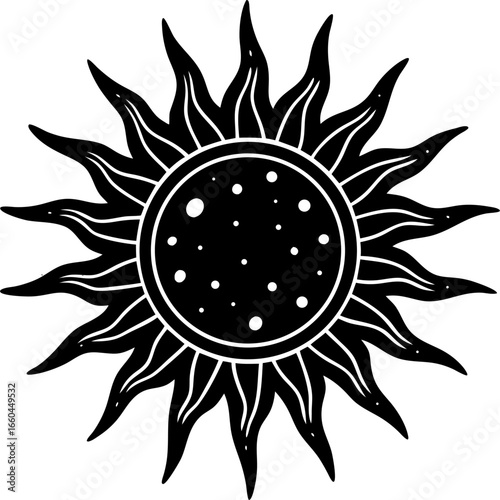 Bohemian Style Sun Design Featuring Rays and a Spotted Center Adds a Touch of Mystique and Celestial Charm