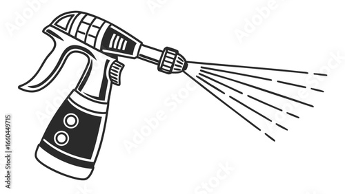 Illustration of a spray bottle with a handle and nozzle emitting a spray pattern in black and white