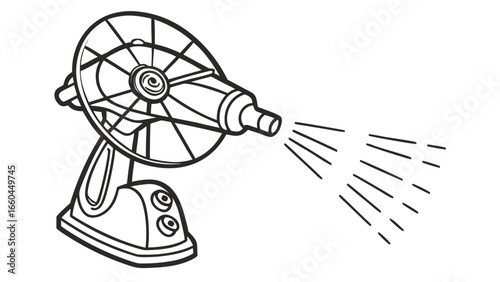 Illustration of an electric fan blowing air with a stand and control buttons in black outline