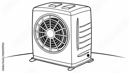 Illustration of a square outdoor air conditioning unit with a fan and vents on the side