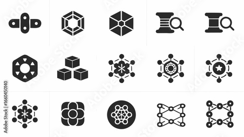 A collection of various geometric shapes and symbols including cubes, hexagons, and network diagrams shown in black silhouette