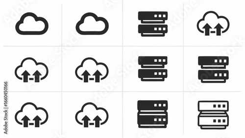 Illustration of cloud computing icons and server icons arranged in a grid pattern on a white background silhouette