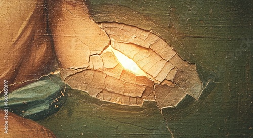A closeup shows a damaged aged painting with cracks and peeling paint revealing a bright damaged spot