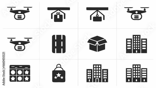 Illustration showing drones, packages, buildings, and a road in a grid layout with simple black icons silhouette