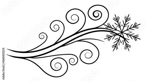 Stylized wind blowing a snowflake with swirling lines and a wintery feel in black and white art