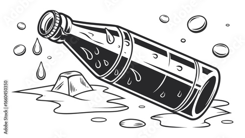 Black and white illustration of a bottle lying down with ice cube and water droplets around it