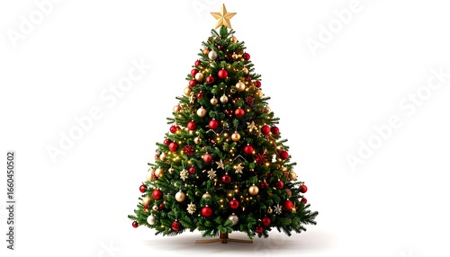 A festive Christmas tree adorned with red and gold ornaments, a golden star topper, and warm, twinkling lights against a pure white background.