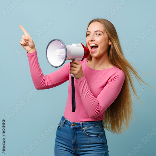 Wallpaper Mural Happy young woman with a megaphone pointing to the side. Woman making an announcement and pointing. Vibrant portrait of a woman announcing something Torontodigital.ca