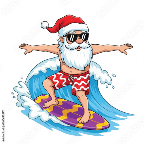 Santa Claus Surfs a Christmas Wave in Summer Style. EPS vector 