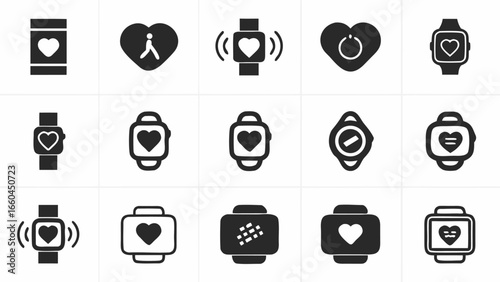 Illustration showing various smartwatches and heart icons representing health and fitness monitoring features silhouette