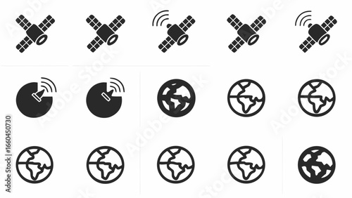 Illustration showing a group of satellite and globe icons arranged in rows on a white background design silhouette