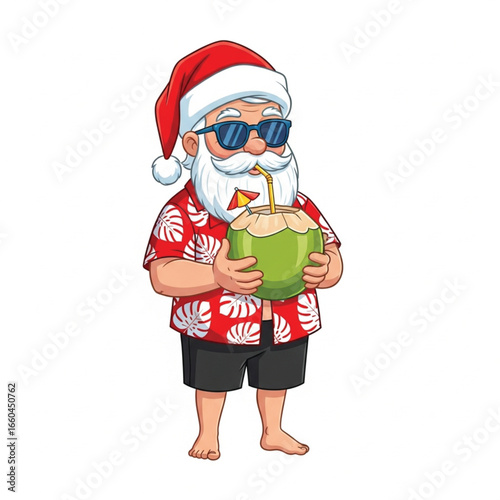 Santa Claus enjoys a refreshing coconut drink on vacation. EPS vector