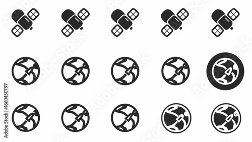 Illustration of five satellites in orbit above five globes showcasing global communication network concept silhouette