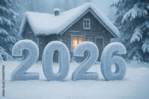 Holiday card for New Year and Christmas 2026. The numbers of 2026 against the background of a snow-covered house
