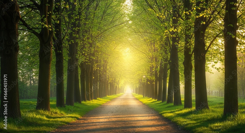 Naklejka premium Treelined path leading into bright sunlight