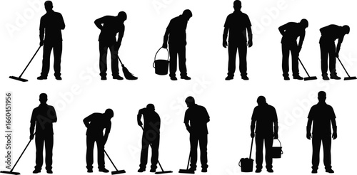 PrintSilhouettes of people performing cleaning tasks with mops, brooms, and buckets in various poses for hygiene, maintenance, and labor vector themes
