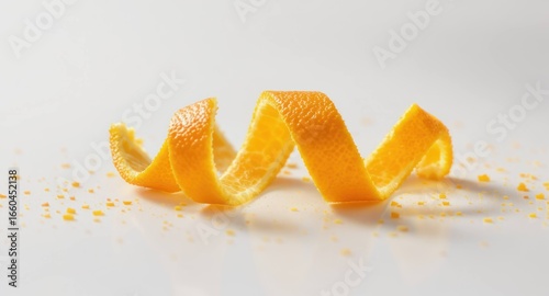 Orange peel spiral resting on a white surface, small pieces scattered around