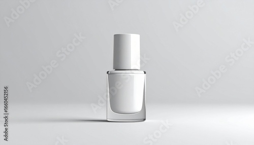 Minimalist white nail polish bottle on clean light gray background.