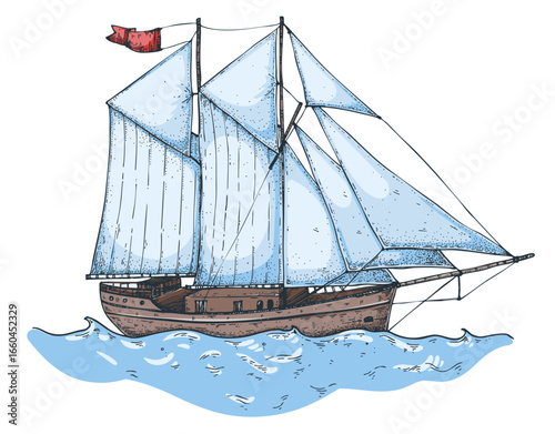 Frigate sketch. Hand drawn vector illustration. Black and white. Engraving style