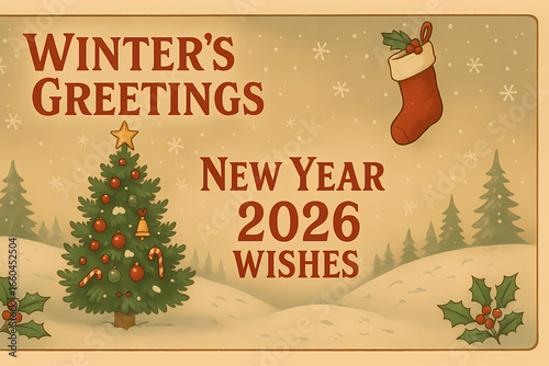 Holiday card for New Year and Christmas 2026. Old-style postcard with a Christmas tree, sock for gifts and numbers 2026